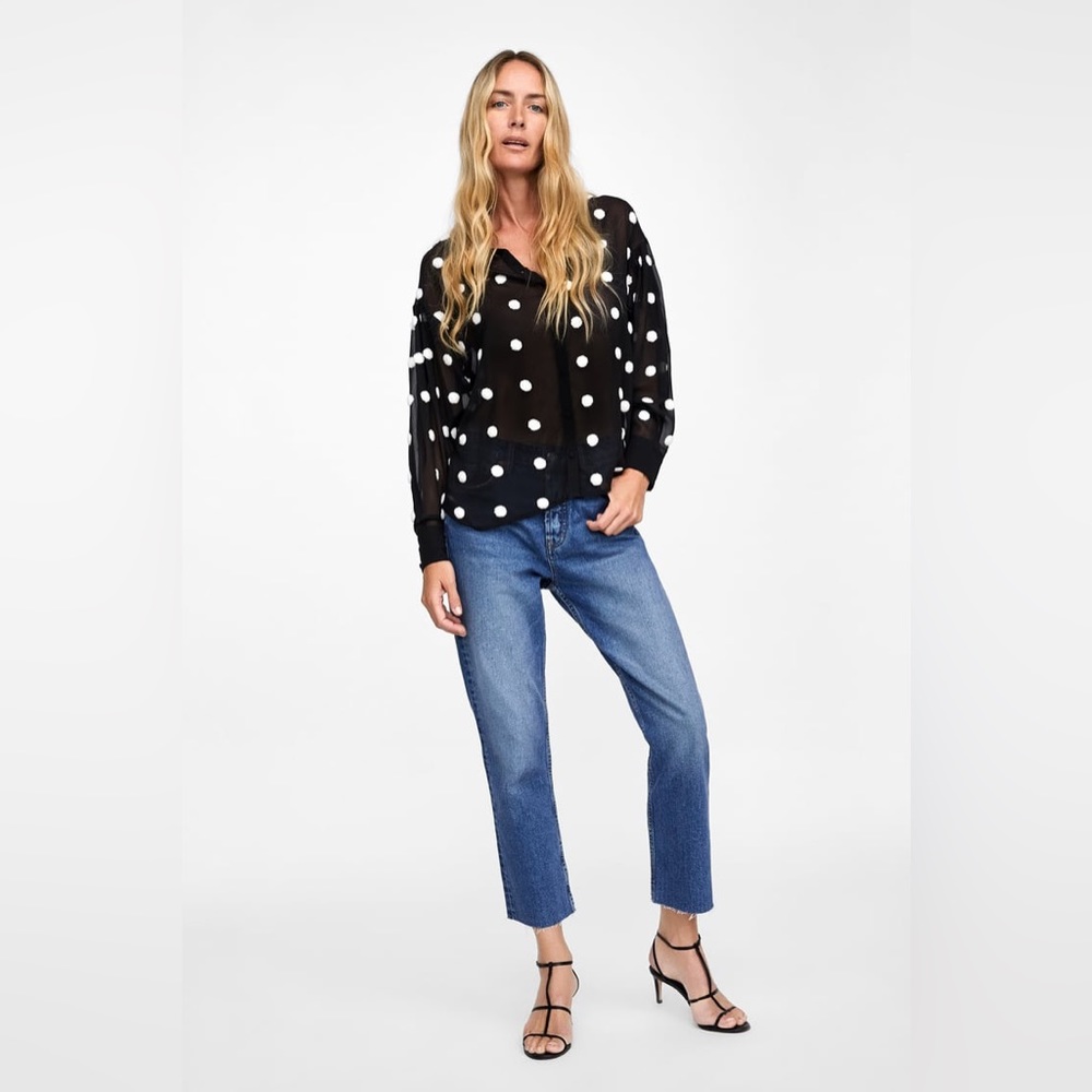 ⚫️ Zara ⚫️ semi sheer black blouse with white poms - size xs